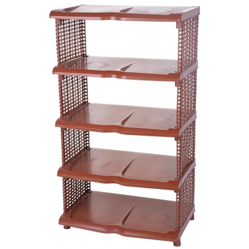 Suport depozitat incaltaminte, 5 polite, plastic, ratan, maro, 48×30.5×86 cm