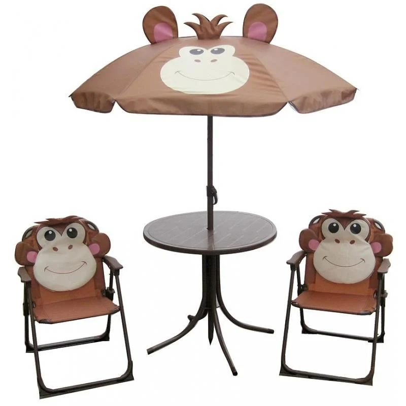 Set mobilier gradina/terasa pentru copii, pliabil, maro, model maimuta, 1 masa cu umbrela, 2 scaune, Melisenda 1 Set mobilier gradina/terasa pentru copii, pliabil, maro, model maimuta, 1 masa cu umbrela, 2 scaune, Melisenda