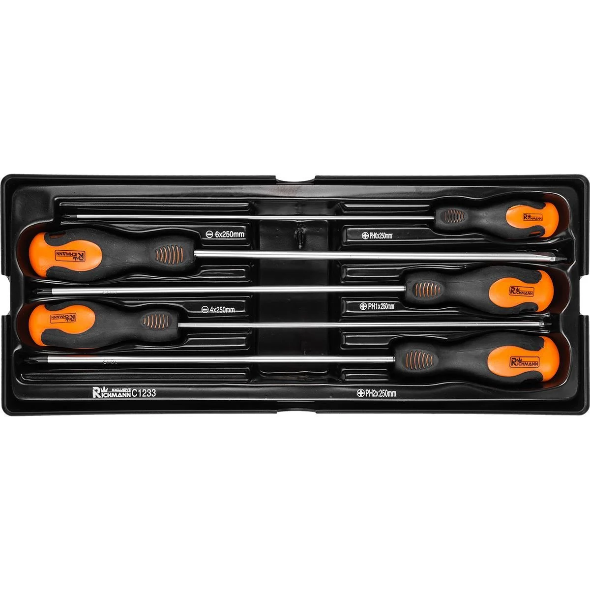 Set surubelnite lungi, late si cruce, sertar TIP A (385×150 mm) pentru dulap mobil, PH0-2, 4-6 mm, 250 mm, 5 buc, RICHMANN