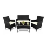 Set mobilier gradina/terasa, poliratan, negru cu perne crem, 1 masa, 2 fotolii, 1 canapea, Medi