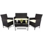 Set mobilier gradina/terasa, poliratan, maro cu perne crem, 1 masa, 2 fotolii, 1 canapea, Medi