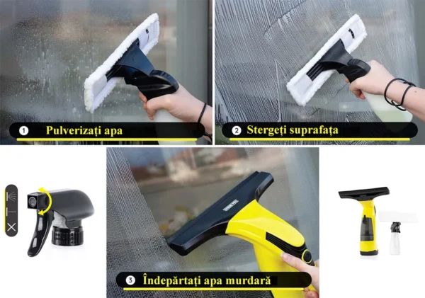 Aspirator de geamuri si oglinzi, electric, stergator fara fir cu acumulator 200 mAh, 280 ml, laveta microfibra - imagine 9