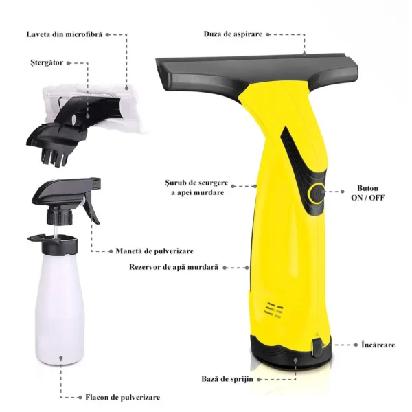 Aspirator de geamuri si oglinzi, electric, stergator fara fir cu acumulator 200 mAh, 280 ml, laveta microfibra - imagine 8