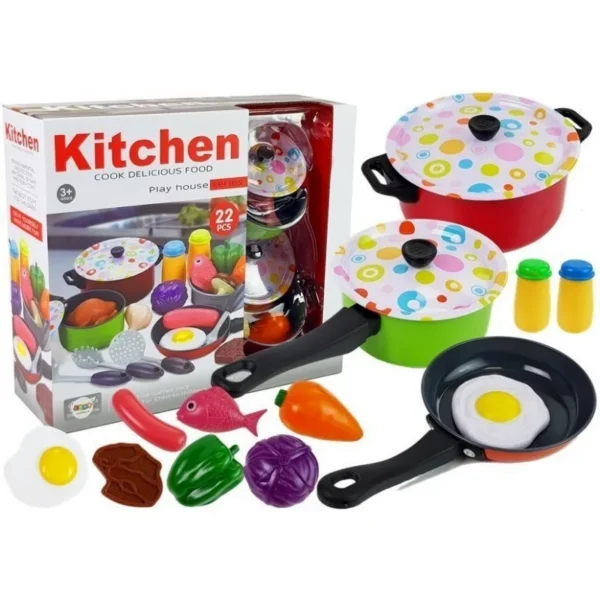 Set 22 accesorii bucatarie copii, alimente, condimente, oale, ustensile, multicolor - imagine 5