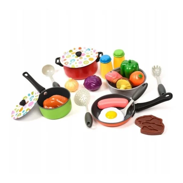 Set 22 accesorii bucatarie copii, alimente, condimente, oale, ustensile, multicolor - imagine 6