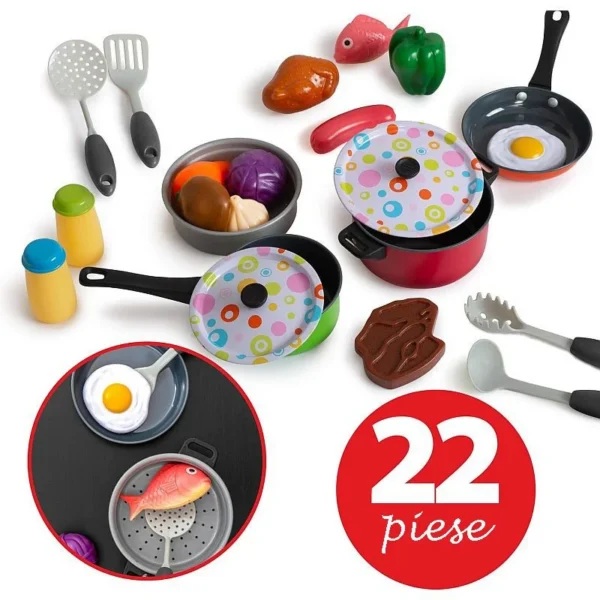 Set 22 accesorii bucatarie copii, alimente, condimente, oale, ustensile, multicolor - imagine 1