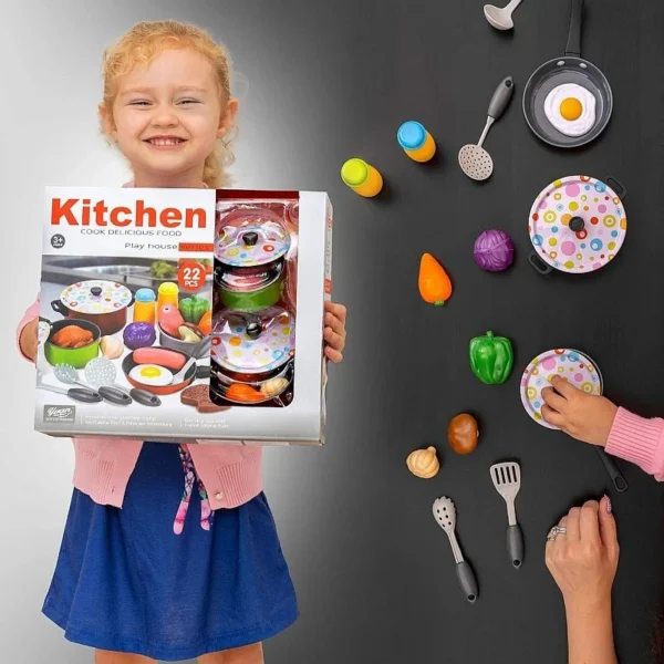 Set 22 accesorii bucatarie copii, alimente, condimente, oale, ustensile, multicolor - imagine 4