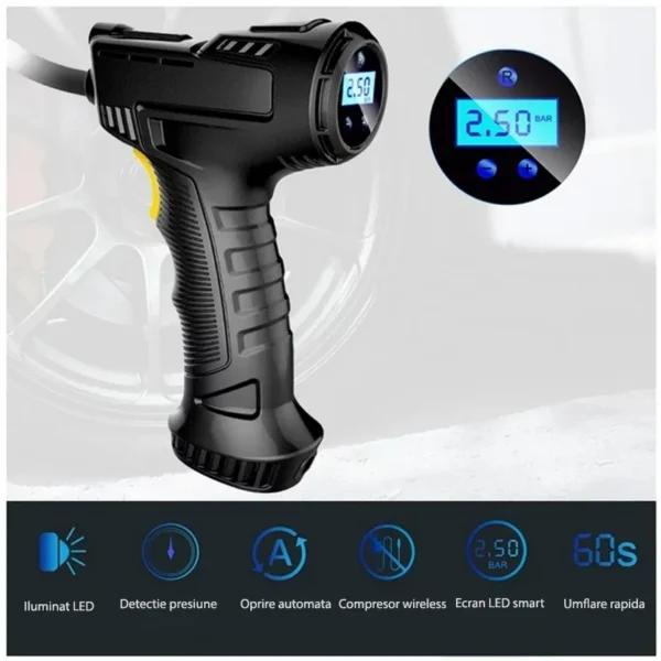 Compresor portabil auto, wireless, ecran lcd, reincarcabil usb, 120w, led frontal - imagine 1
