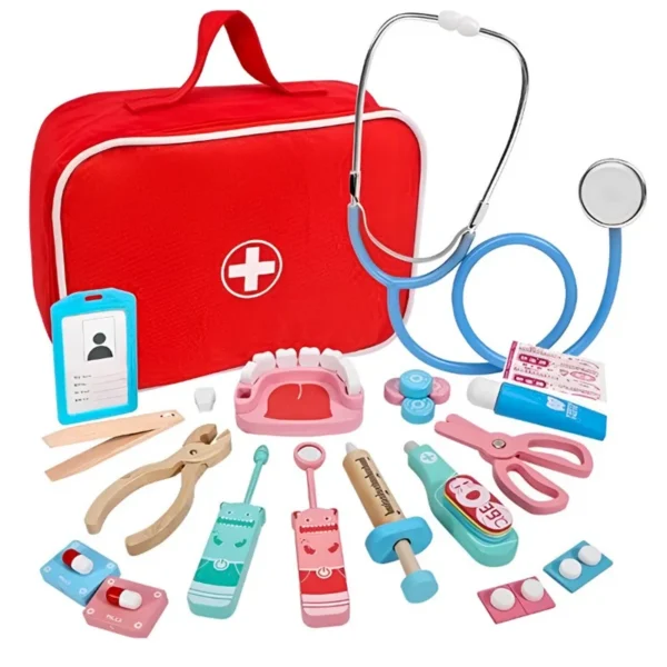 Trusa doctor stomatolog copii, set din lemn cu multiple accesorii, geanta cu fermoar - imagine 1