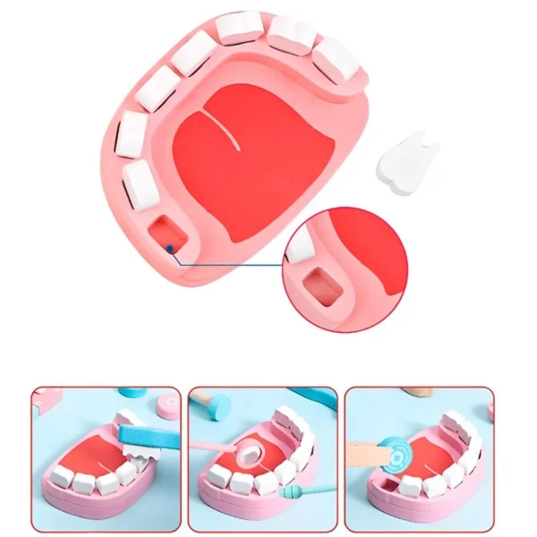 Trusa doctor stomatolog copii, set din lemn cu multiple accesorii, geanta cu fermoar - imagine 2