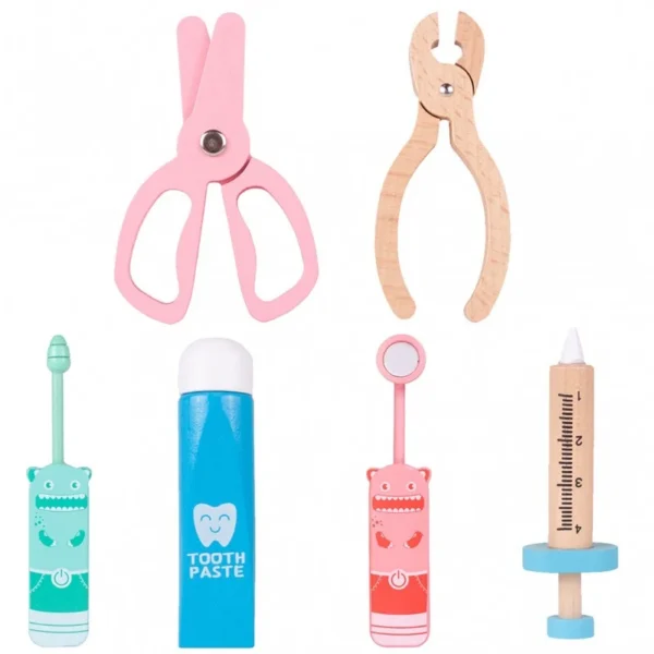 Trusa doctor stomatolog copii, set din lemn cu multiple accesorii, geanta cu fermoar - imagine 3