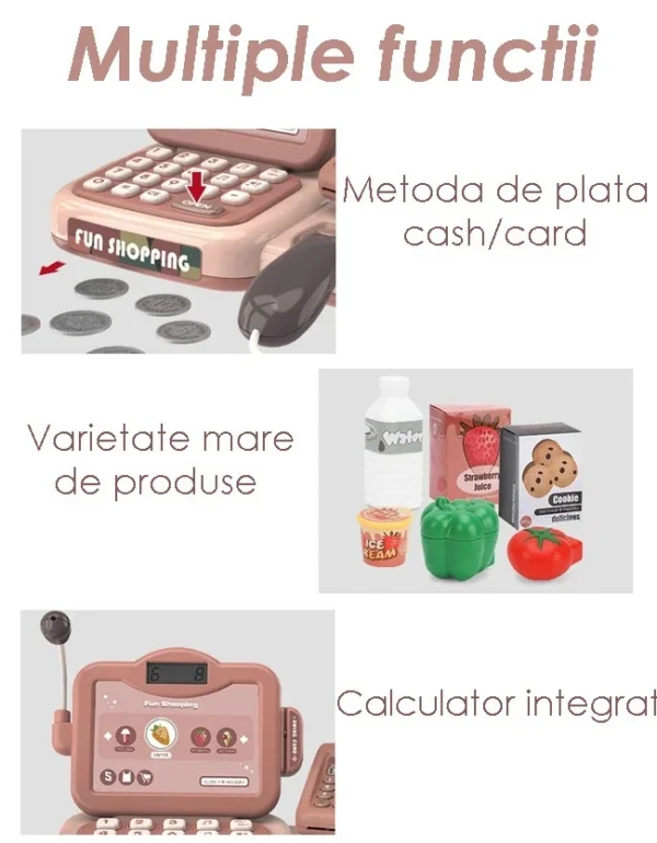 Casa de marcat de jucarie, scanner produse, microfon, cos produse, bani, 24 accesorii, efecte muzicale, 25x16x15 cm - imagine 5
