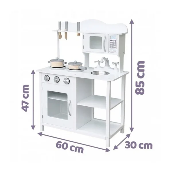 Bucatarie din lemn si mdf pentru copii, cuptor cu microunde, chiuveta, rafturi, ustentile pentru gatit, 60x30x85 cm, alba - imagine 7