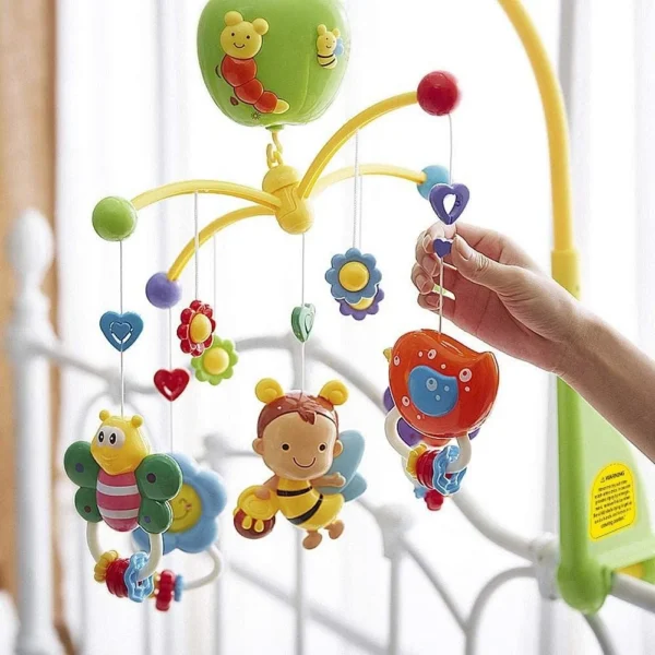 Carusel muzical pentru patut, rotativ, timer, 3 moduri muzicale, figurine albinute multicolor - imagine 3