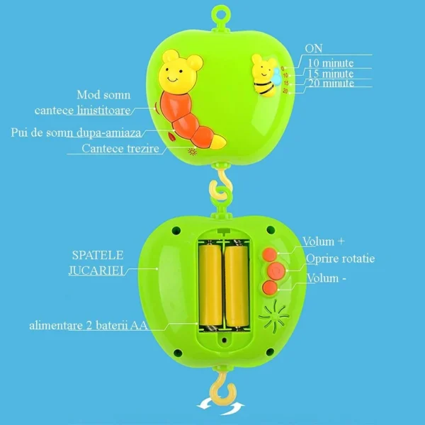 Carusel muzical pentru patut, rotativ, timer, 3 moduri muzicale, figurine albinute multicolor - imagine 8