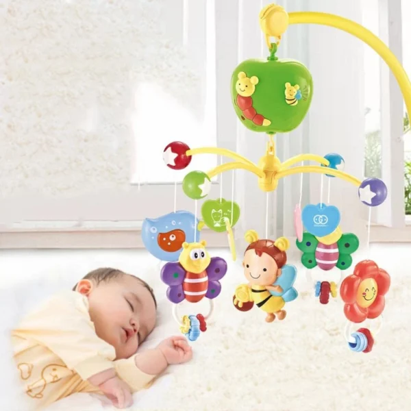 Carusel muzical pentru patut, rotativ, timer, 3 moduri muzicale, figurine albinute multicolor - imagine 4