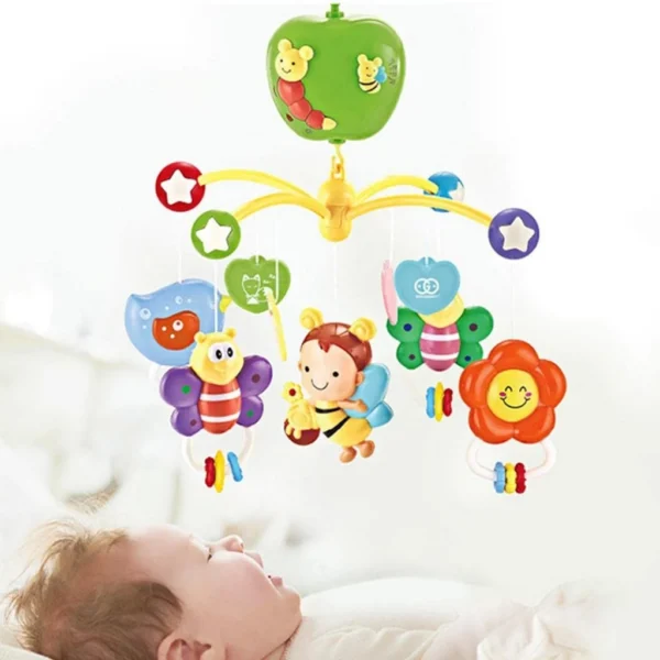 Carusel muzical pentru patut, rotativ, timer, 3 moduri muzicale, figurine albinute multicolor - imagine 1