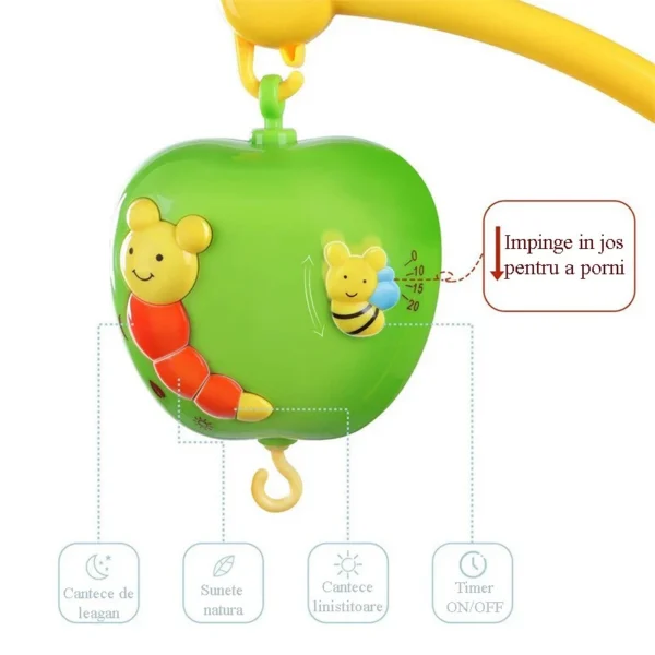 Carusel muzical pentru patut, rotativ, timer, 3 moduri muzicale, figurine albinute multicolor - imagine 7