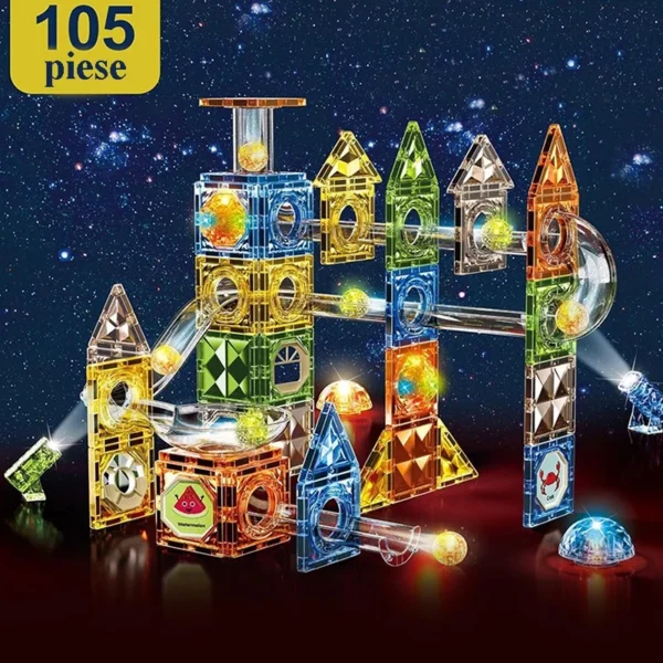 Set magnetic constructie 3d, circuit luminos interactiv steam, traseu bile, 105 piese, multicolor - imagine 1