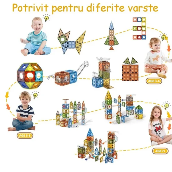 Set magnetic constructie 3d, circuit luminos interactiv steam, traseu bile, 105 piese, multicolor - imagine 6