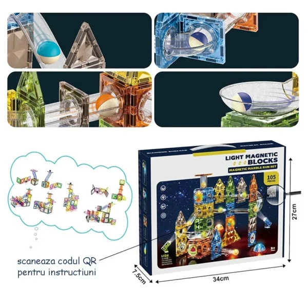 Set magnetic constructie 3d, circuit luminos interactiv steam, traseu bile, 105 piese, multicolor - imagine 7