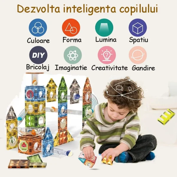 Set magnetic constructie 3d, circuit luminos interactiv steam, traseu bile, 105 piese, multicolor - imagine 3