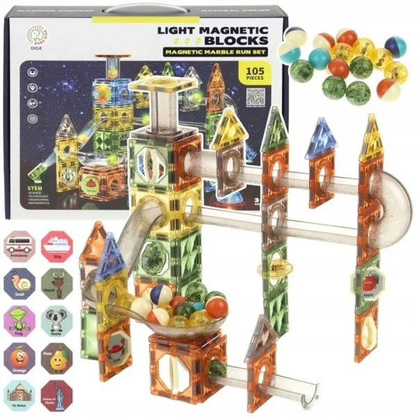 Set magnetic constructie 3d, circuit luminos interactiv steam, traseu bile, 105 piese, multicolor - imagine 5