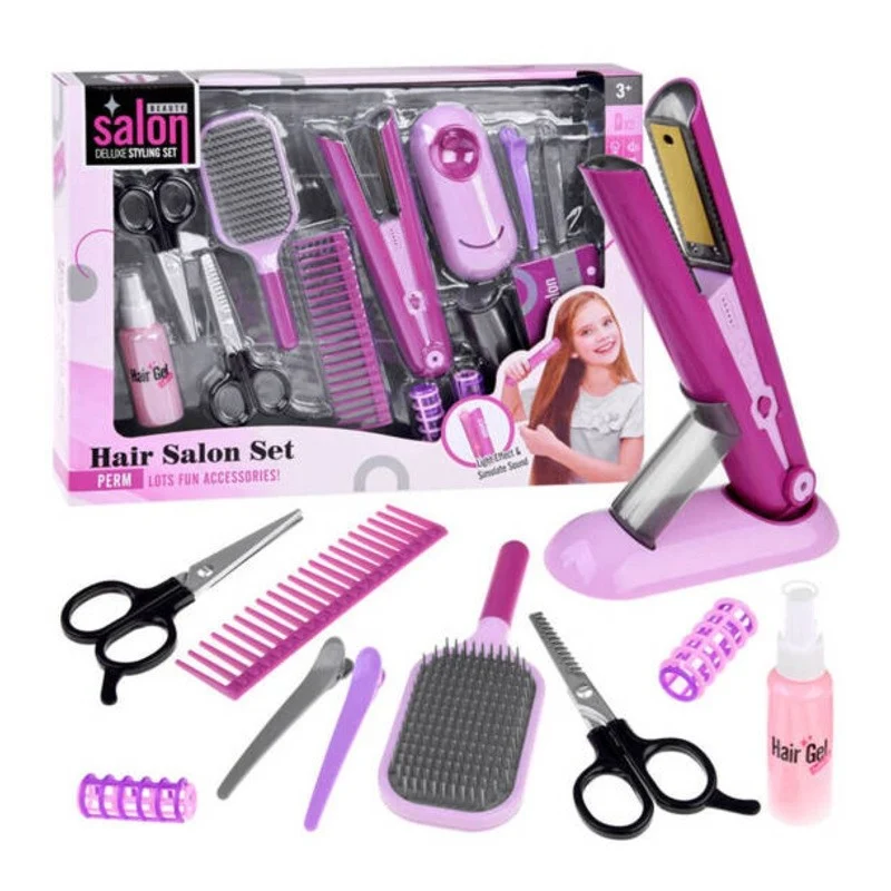 Set de coafura pentru copii, placa de par, foarfece, piepteni, role pentru ondulare, carduri, baterii, roz Set de coafura pentru copii, placa de par, foarfece, piepteni, role pentru ondulare, carduri, baterii, roz - imagine 1