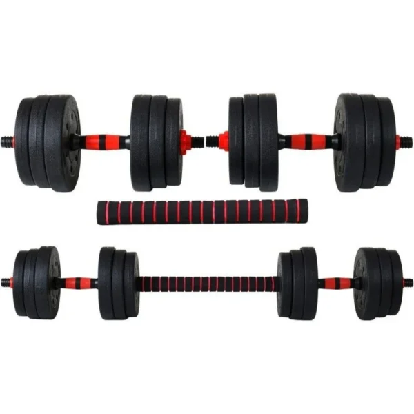 Set haltere si gantere, sarcina 2x10 kg, bara conectare, 12 discuri de diferite greutati, negru/rosu - imagine 4