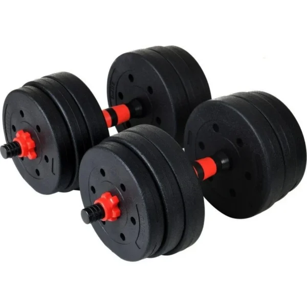 Set haltere si gantere, sarcina 2x10 kg, bara conectare, 12 discuri de diferite greutati, negru/rosu - imagine 5