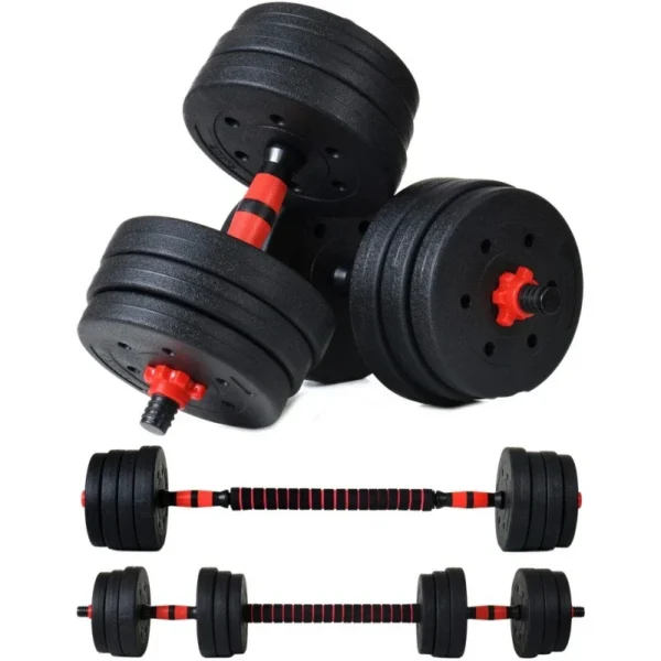Set haltere si gantere, sarcina 2x10 kg, bara conectare, 12 discuri de diferite greutati, negru/rosu - imagine 1