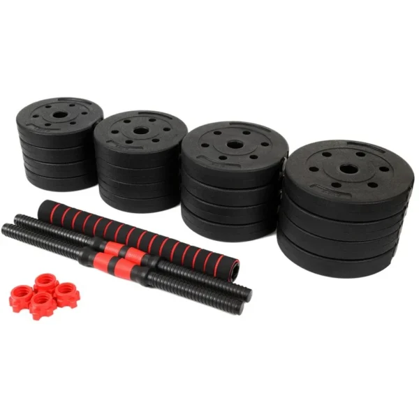 Set haltere si gantere, sarcina 2x10 kg, bara conectare, 12 discuri de diferite greutati, negru/rosu - imagine 6