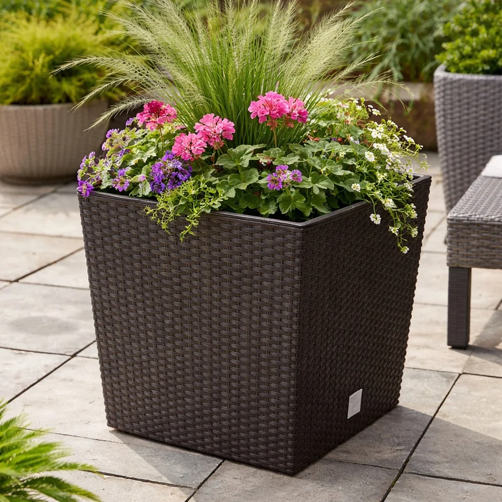 Set 2 ghivece de flori, Rato Low, imitatie ratan, patrate, 32x32x32.5 cm, maro, Prosperplast 1 Set 2 ghivece de flori, Rato Low, imitatie ratan, patrate, 32x32x32.5 cm, maro, Prosperplast