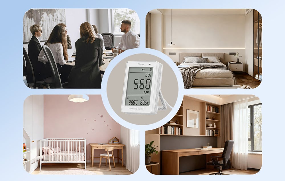 Sonoff AirGuard CO2 SAWF-08P WiFi LCD Aparat de masurare a calitatii aerului 9 Aparat de masurare a calitatii aerului, in camera in care poate fi utilizat, de exemplu un birou sau camera unui copil