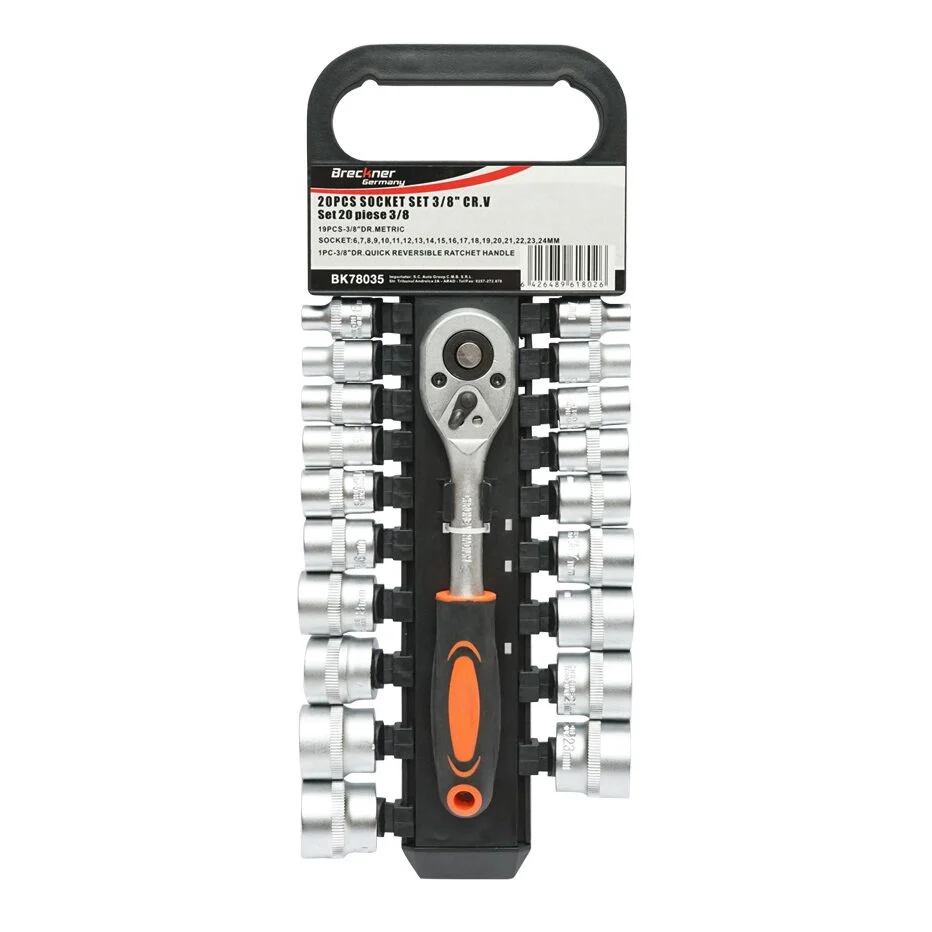 Trusa chei tubulare, 3/8″, metrice Cr-V, cu clichet reversibil, 20 piese, Breckner Germany