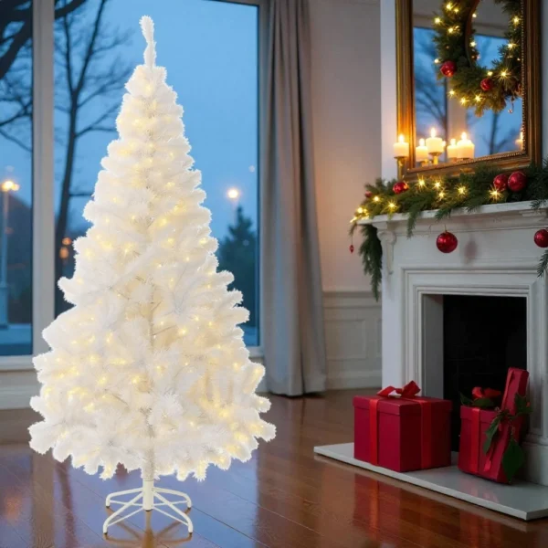 Brad alb artificial iluminat, 195 cm, 360 led-uri alb cald, 936 ramuri dense, suport metalic - imagine 7