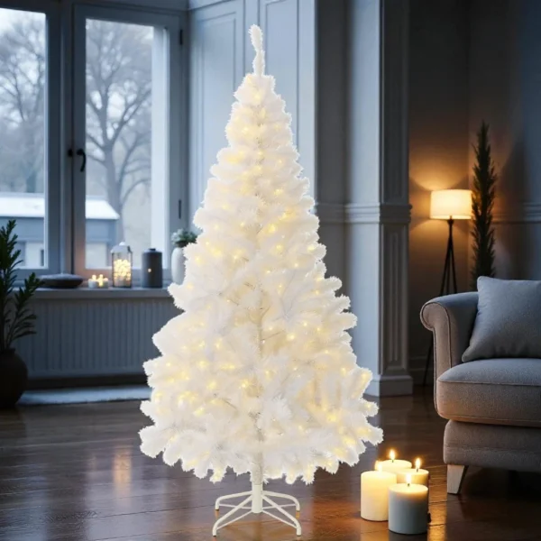 Brad alb artificial iluminat, 195 cm, 360 led-uri alb cald, 936 ramuri dense, suport metalic - imagine 12