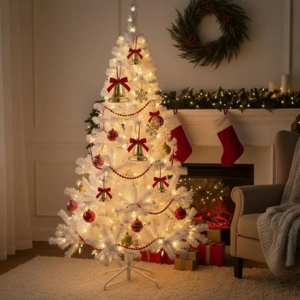 Brad alb artificial iluminat, 195 cm, 360 led-uri alb cald, 936 ramuri dense, suport metalic - imagine 5