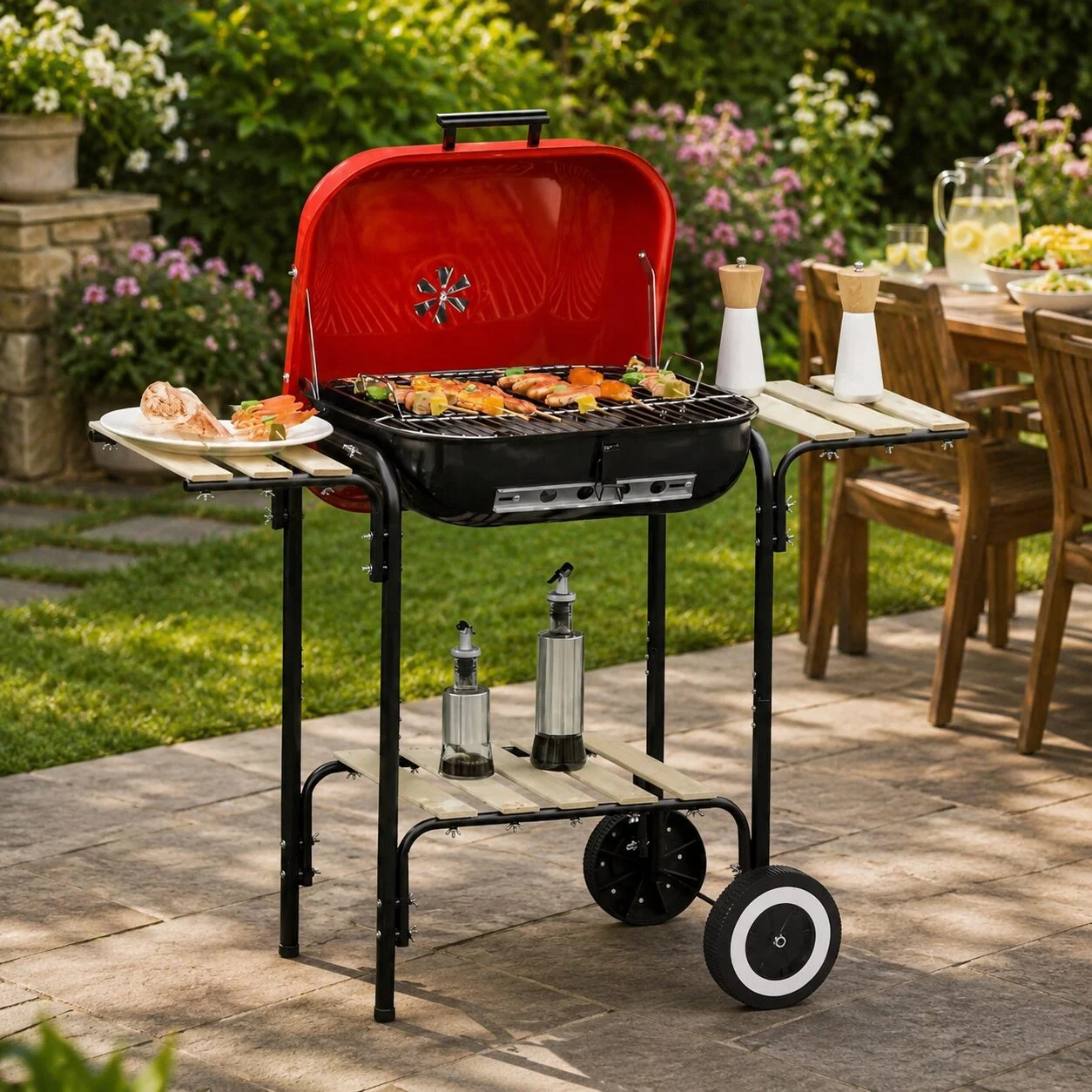 Gratar gradina cu carbuni, grill dreptunghiular, cu roti, capac, rafturi, 43 cm, 98x49x81 cm Gratar gradina cu carbuni, grill dreptunghiular, cu roti, capac, rafturi, 43 cm, 98x49x81 cm - imagine 1