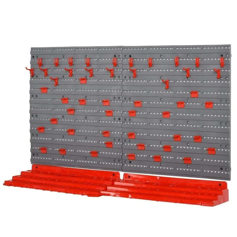 Panou scule, PP, 2 module, 2 rafturi tip suport, 50 de carlige, gri si rosu, max 30 kg, 95.5x53.5 cm Panou scule, PP, 2 module, 2 rafturi tip suport, 50 de carlige, gri si rosu, max 30 kg, 95.5x53.5 cm - imagine 1