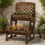 Jardiniera decorativa cu suport pentru plante cataratoare, lemn, 2 nivele, tip butoi, 49x42x80 cm