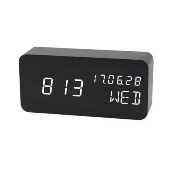 Ceas led digital, de birou, afisaj temperatura/umiditate, alarma, alimentare duala, mdf, negru - imagine 6