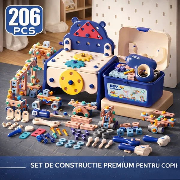 Banc de lucru cu bormasina electrica pentru copii, 206 unelte si piese constructii - imagine 1