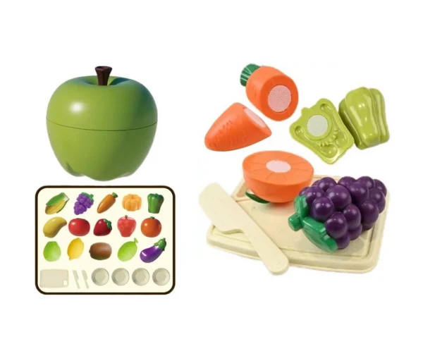 Joc taiat legume si fructe, 23 piese, fixare cu velcro, cutit, tocator, farfurii - imagine 2