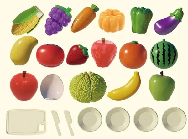 Joc taiat legume si fructe, 23 piese, fixare cu velcro, cutit, tocator, farfurii - imagine 4
