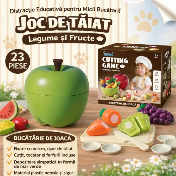 Joc taiat legume si fructe, 23 piese, fixare cu velcro, cutit, tocator, farfurii - imagine 3