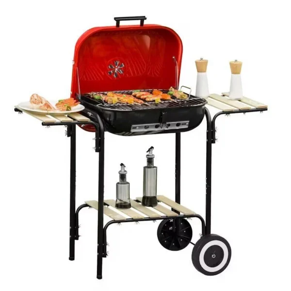 Gratar gradina cu carbuni, grill dreptunghiular, cu roti, capac, rafturi, 43 cm, 98x49x81 cm - imagine 12