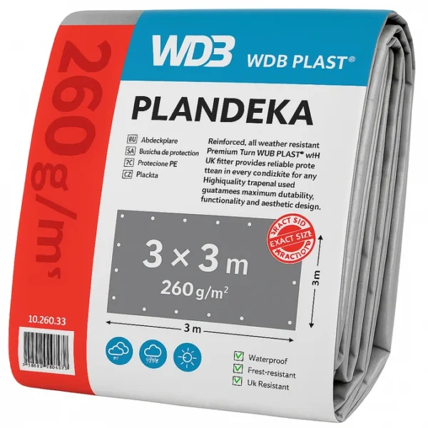 Prelata cu inele metalice, 3x3 m - 260 g/mp, impermeabila, rezistenta la inghet, uv+ - imagine 3