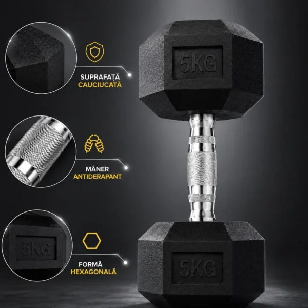 Gantera hexagonala fitness 5 kg, maner ergonomic, pentru exercitii full body - imagine 5