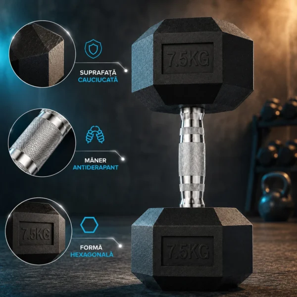 Gantera profesionala 7.5 kg hexagonala, grip ergonomic, sala si home gym - imagine 5